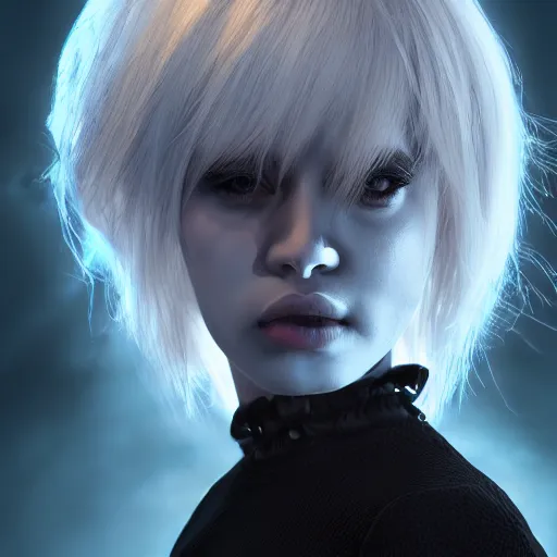 Image similar to photorealistic full shot portrait of angry darkness anime girl, electric aura, inspired by tim burton, detailed, unreal engine 4 k, volumetric light, fog