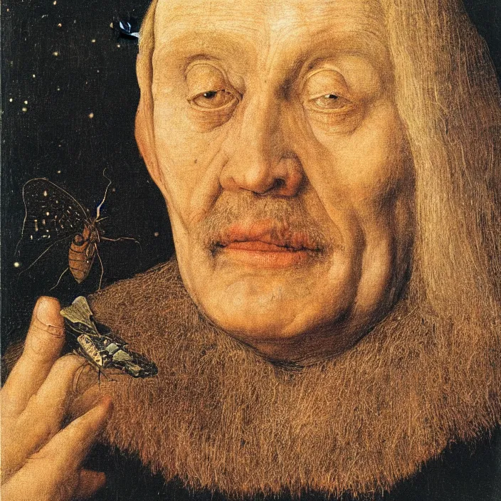 Image similar to close up portrait of a dying old man with moth. night with stars. jan van eyck