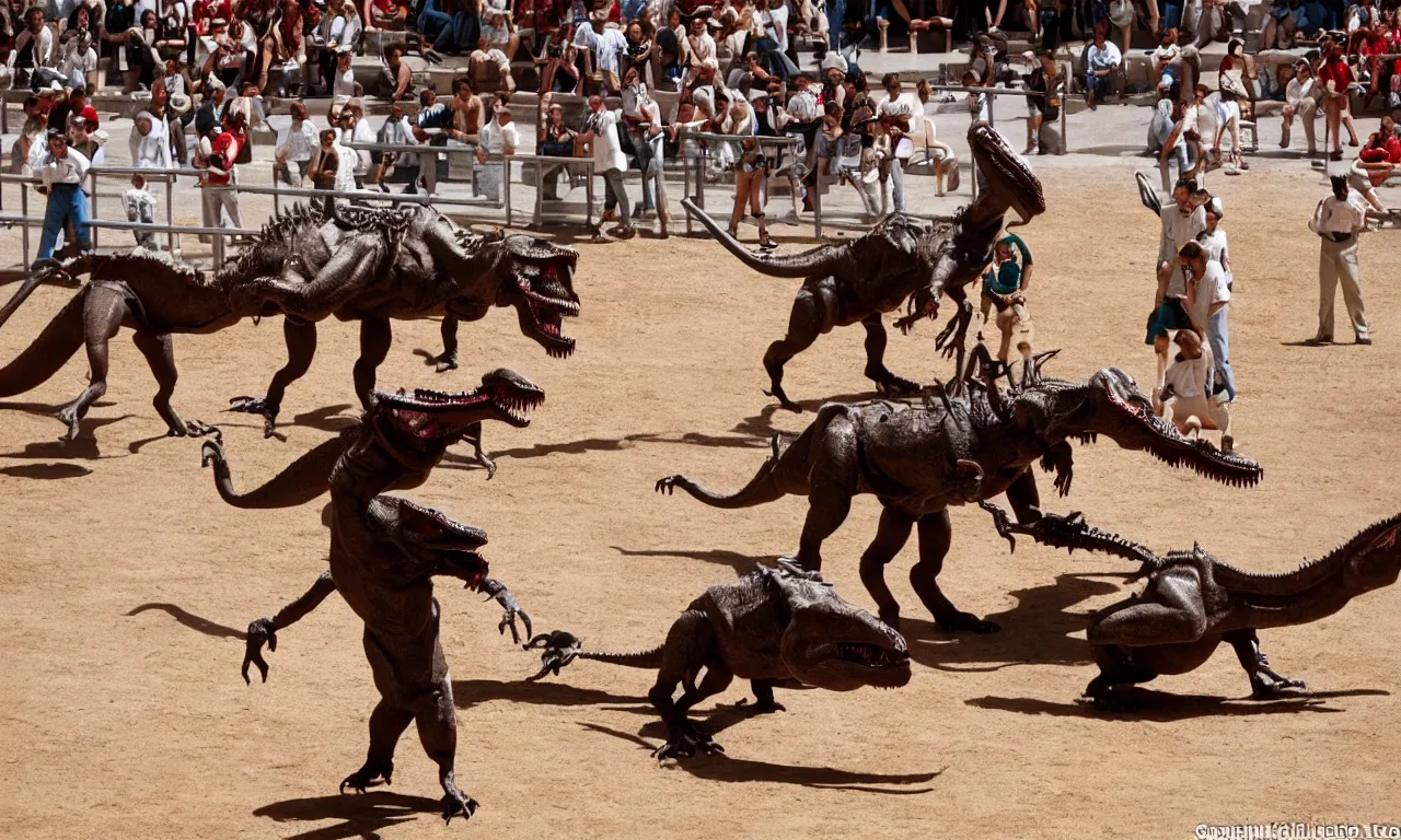 Image similar to a toreador facing off against a t - rex in the plaza de toros, madrid. extreme long shot, midday sun, kodachrome