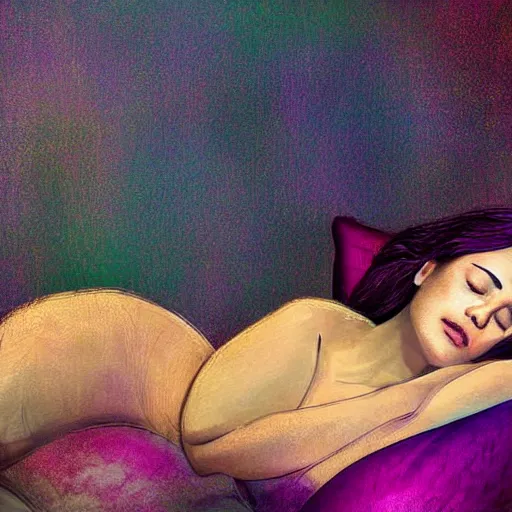 Image similar to This digital art is a beautiful example of use of color and light. The digital art depicts a woman reclining on a couch, with her head turned to the side and her eyes closed. The woman's body is bathed in a light, and her skin appears to glow. The artist has used a soft, delicate palette to create a sense of tranquility and serenity. The digital art is elegant and graceful, and the woman's face is incredibly expressive. It is a truly beautiful digital art. pastel by Ryan Stegman realist, colorful