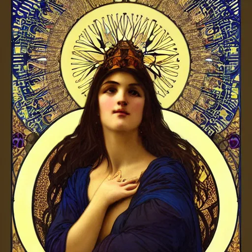 Image similar to akwafina portrait by louis - theophile hingre and alphonse mucha, realistic, sharp focus, zodiac signs, tarot cards, planets, ethereal, art nouveau, magic, moon, sun, crown, dreamy, royal, jewellery