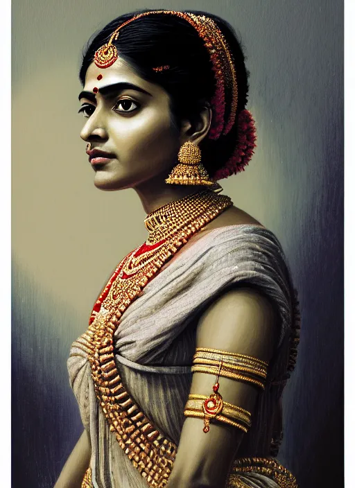 Image similar to 3 / 4 view of a portrait of an indian woman in victorian clothing, confident pose, intricate, elegant, sharp focus, illustration, highly detailed, concept art, matte, trending on artstation, anime, art by james jean and artgerm and brian despain and alberto mielgo, greg rutkowski, wlop, ilya kuvshinov, strong strokes