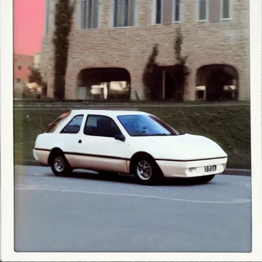 Image similar to a fiat uno in front of thousands of tesla vintage scratched white borders polaroid photo