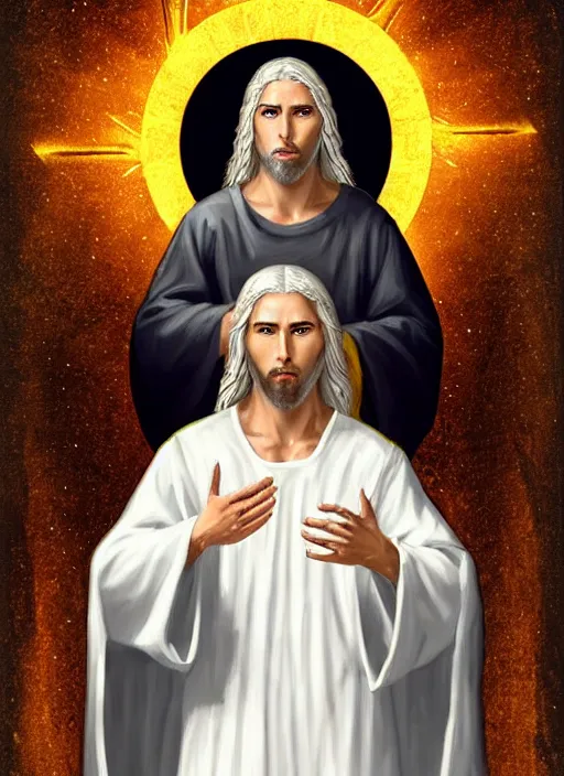 Image similar to « portrait of the white - haired jesus in a white robe and flaming yellow eyes, holding seven stars in right hand, high - contrast, intricate, elegant, highly detailed, bible illustration, digital painting, artstation, concept art, smooth, sharp focus, illustration »