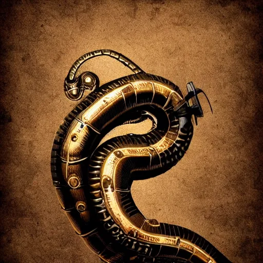 Image similar to a steampunk robotic snake, super - detailed, dark background,