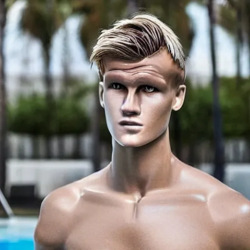 Prompt: a realistic detailed photo of a guy who is an attractive humanoid who is half robot and half humanoid, who is a male android, soccer player martin ødegaard, shiny skin, posing like a statue, blank stare, by the pool, on display, showing off his muscles, mannequin stand