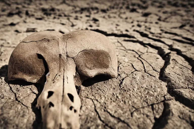 Prompt: Dry river bed with a rusty broken bridge, macro photo of an animal skull bleached by the sun, post apocalyptic, dystopian