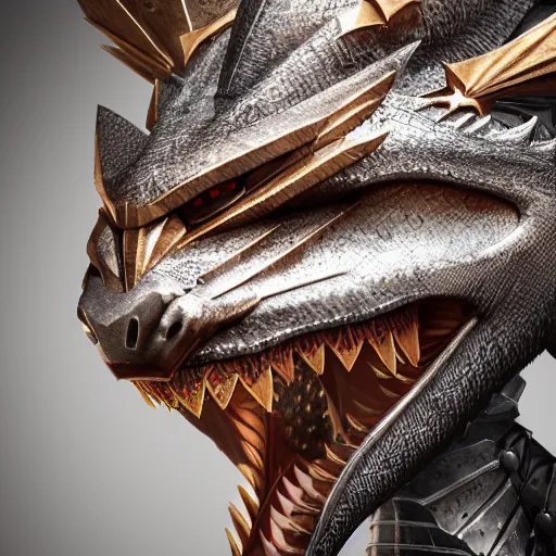 Prompt: highly detailed realistic stunning close up shot of a beautiful anthropomorphic female knight but as a dragon, doing a hot majestic pose, well designed female dragon head, armor made of steel, sharp claws, HD octane render, epic cinematography, fantasy, Artstation, Deviantart, Furaffinity