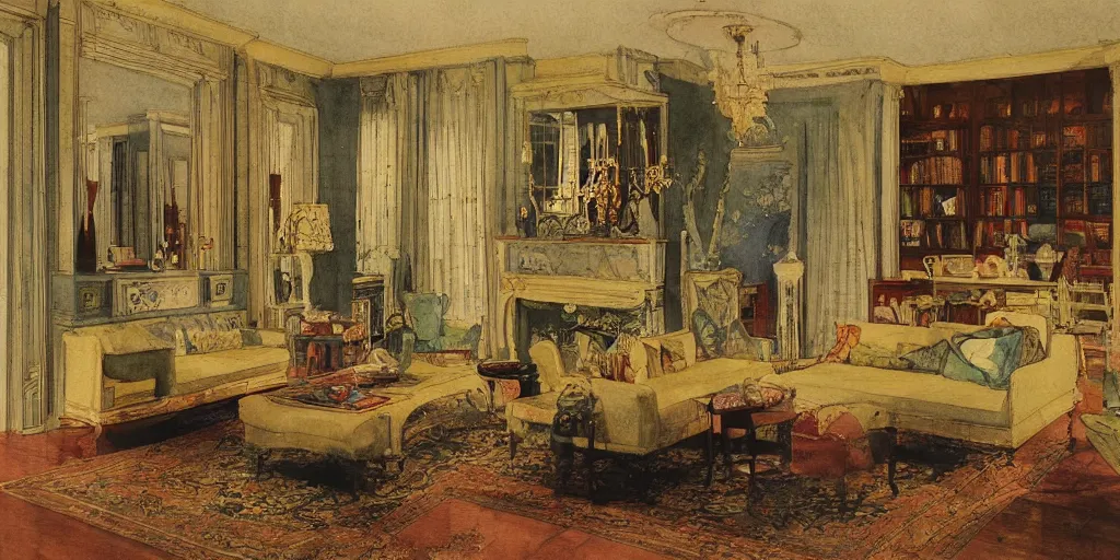 Prompt: a hiper intricate watercolor of a beauty modern living room, reflexions, intricate details, smooth, by william turner art, by greg rutowski by edmund dulac, by
