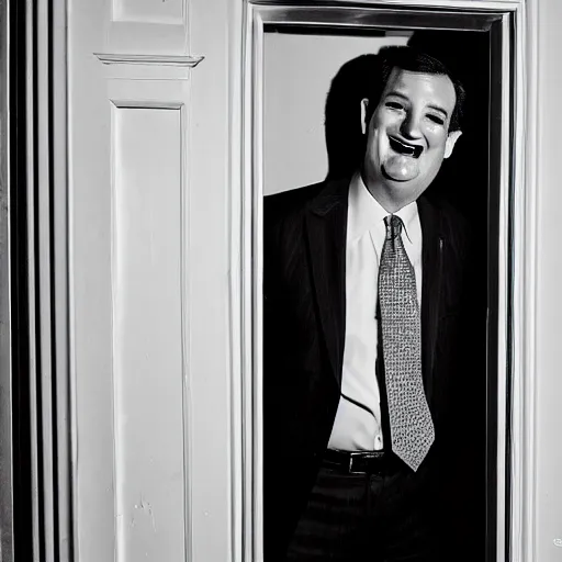 Image similar to Ted Cruz with a wide grin peaking through a door, black and white, creepy lighting, scary, horror, ornate, eerie, fear