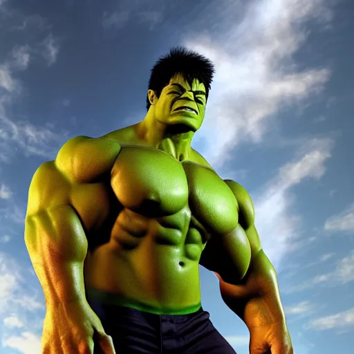 Image similar to hulk as gigachad, Ray tracing reflection, natural lighting, gym