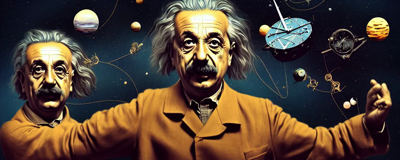 Image similar to duotone surreal illustration 3 / 4 portrait of albert einstein measuring time on salvadore dali clock in outer space dark starry background. golden ratio accidental renaissance. by sachin teng and sergey kolesov and ruan jia and heng z. graffiti art, scifi, fantasy, hyper detailed. octane render. concept art. trending on artstation
