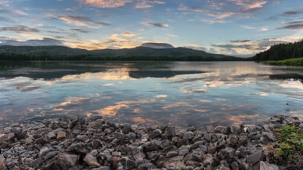 Image similar to tranquil mesmerizing calm lake at sunset detailed, 8k, mesmerizing, low saturation, high resolution