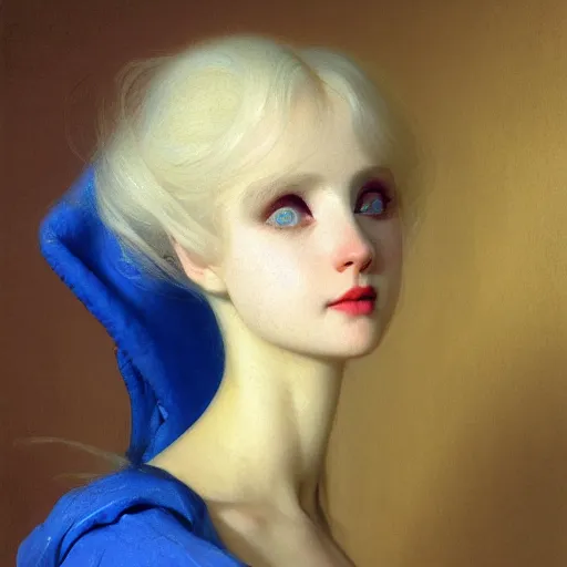 Image similar to young woman's face, her hair is white and she wears a cobalt blue satin cloak, by ivan aivazovsky and syd mead and moebius and gaston bussiere and roger dean and wojciech siudmak and pieter claesz and paul delaroche and alma tadema and aelbert cuyp, hyperrealistic, volumetric light, octane render