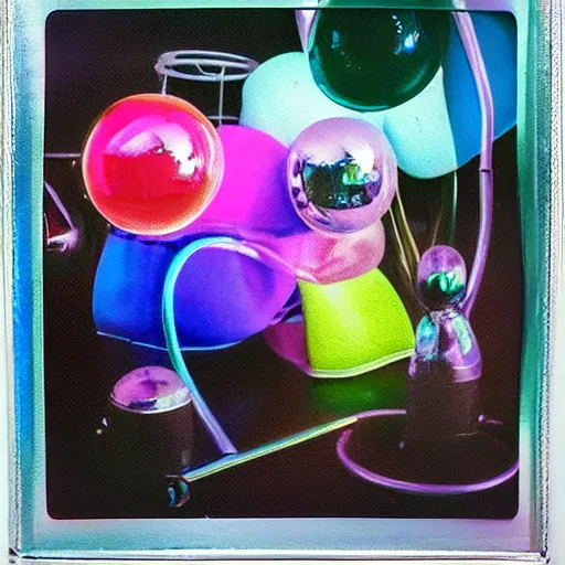 Image similar to a pastel colour high fidelity wide angle Polaroid art photo from a holiday album at a seaside abstract inflatables parachute art, vinyl record player, all objects made of transparent iridescent Perspex and metallic silver, nostalgic