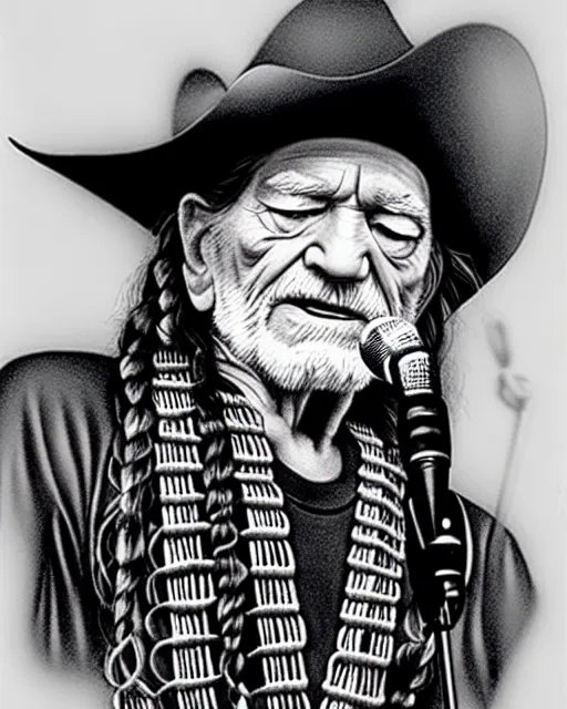 Prompt: a photorealistic portrait of willie nelson singing, pencil drawing, hyperrealist