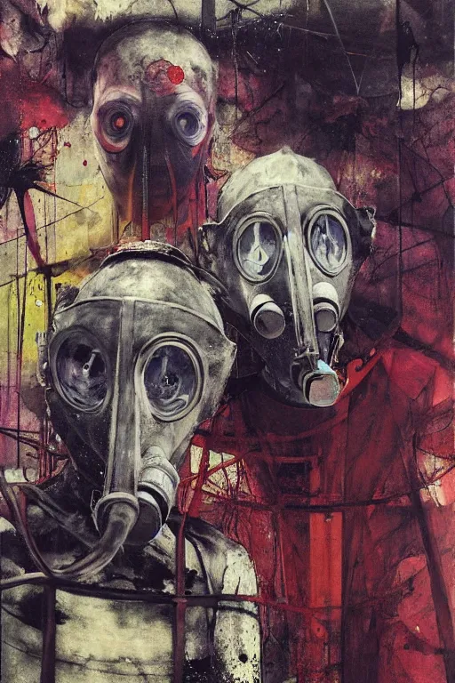 Prompt: two skinny old people wearing gas masks inside a brutalist designed space ship, gothic, rich deep colours, painted by francis bacon, adrian ghenie, james jean and petra cortright, highly detailed part by gerhard richter, part by takato yamamoto. 8 k masterpiece