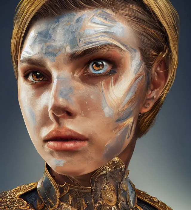 Prompt: full - body portrait of slavic young woman warrior, front, symmetrical, extremely detailed face, face war paintings, beautiful face, short blonde hair, blue eyes, digital painting, unreal engine, true anatomy, behance frm 4 6, art by evgeny zubkov