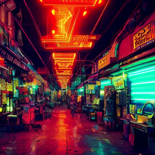 Prompt: cyberpunk black indian market, indoor in the style of blade runner, low neon lights and dim displays, crowded with cyborgs photorealistic, artistic photography, grainy ruined film, dark color scheme, ray tracing, unreal engine, 4 k