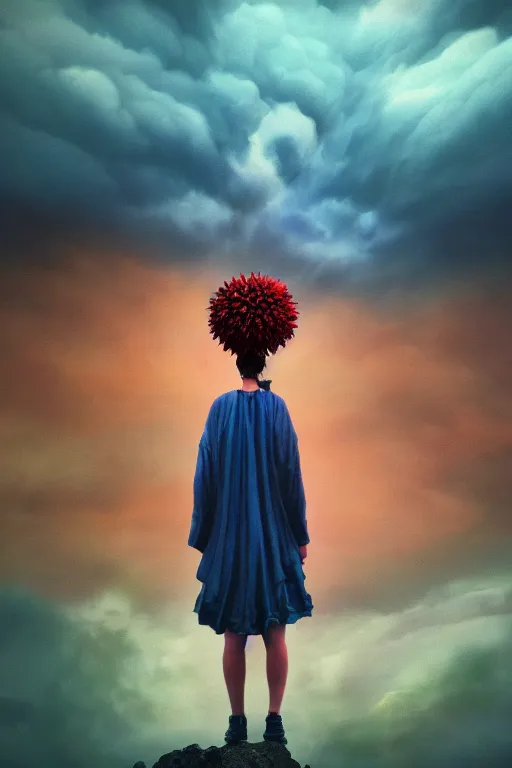 Image similar to closeup giant dahlia flower under head, girl standing on mountain, surreal photography, blue storm clouds, dramatic light, impressionist painting, digital painting, artstation, simon stalenhag