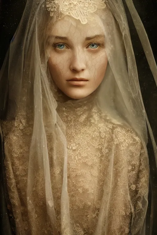 Image similar to a beautiful ultradetailed vintage photo of a veiled cyborg, by tom bagshaw and anna dittman, embroidered lace chapel veil, portrait, vignette, 3 5 mm lens, golden ratio composition, detailed face, studio photography, very detailed, humanoids, industrial robots, artstation, 8 k, highly coherent