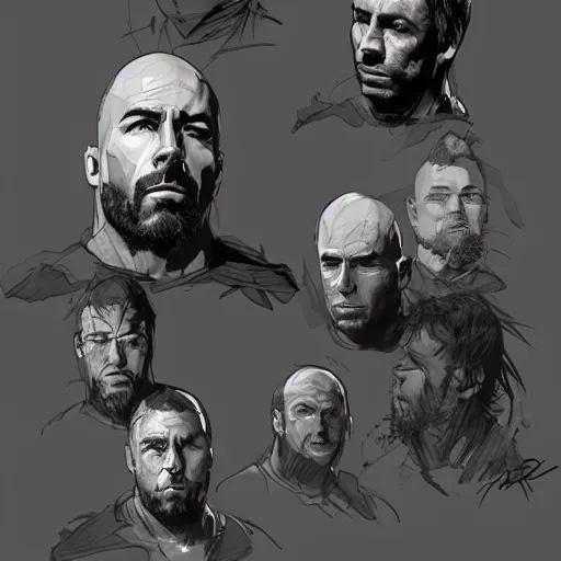 Image similar to Decapitated Joe Rogan, Greg Rutkowski and Yoji Shinkawa styled