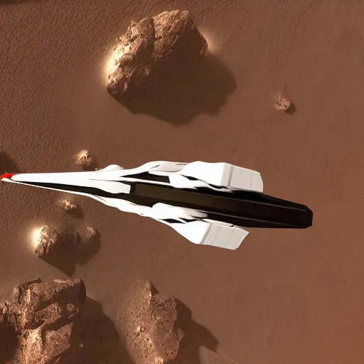 Prompt: two sleek white very long intricate spacecraft with minor red details, flying in formation high up, highly detailed, photorealistic, cinematic, sci-fi, octane render, bird\'s eye view, background rocky terrain on the surface of mars
