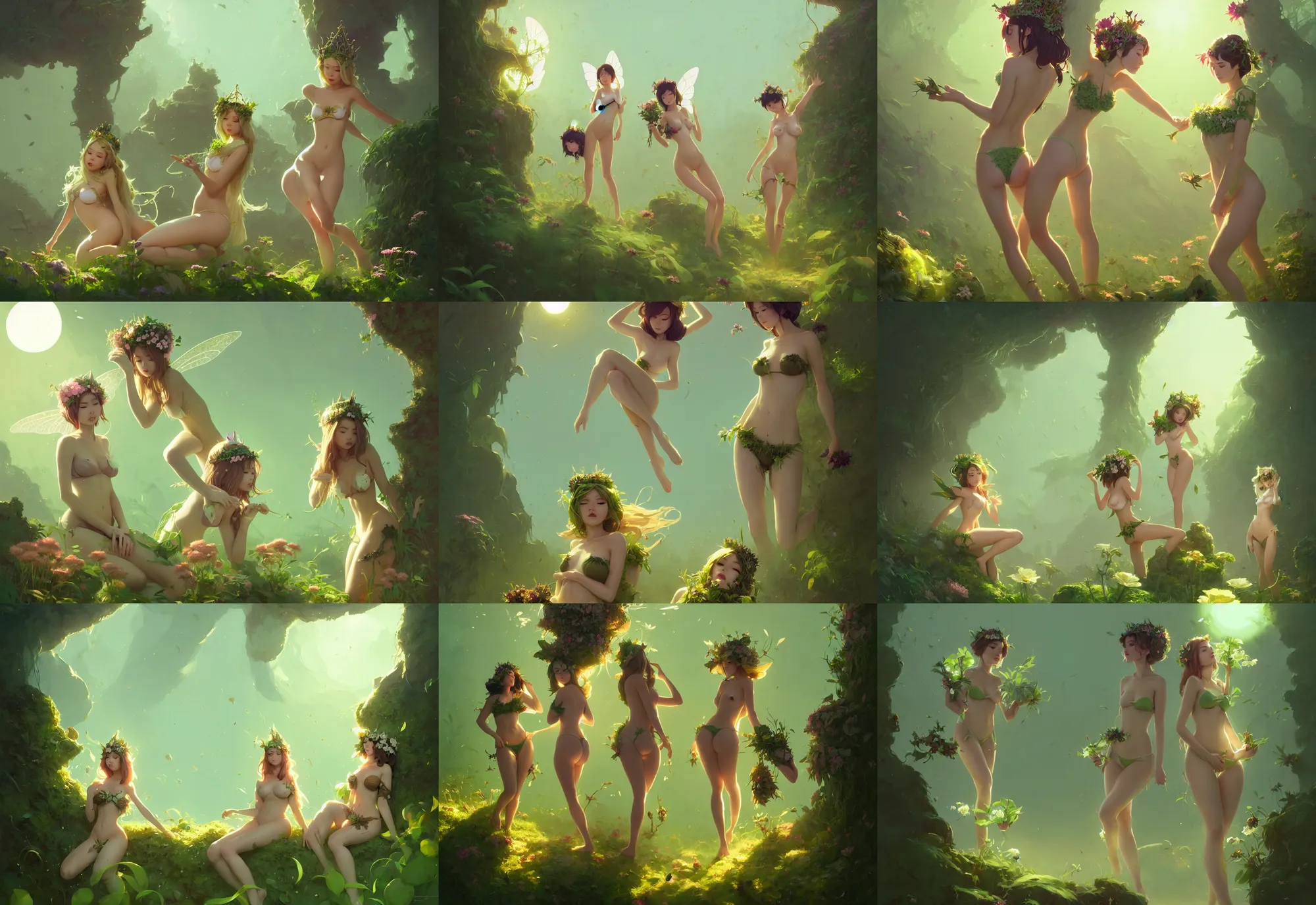 Prompt: two alluring fairy women with crown of flowers in plants micro bikini, fantasy, sun yunjoo, by atey ghailan, by greg rutkowski, by greg tocchini, by james gilleard, by joe gb fenton, dynamic lighting, gradient light green, brown, blonde cream and white color in scheme, grunge aesthetic