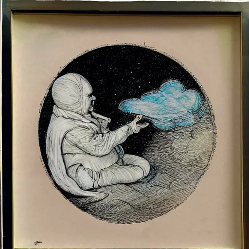 Image similar to dan morris celestial talking moon portrait, side view, surrounded by clouds, illustrated by peggy fortnum and beatrix potter and sir john tenniel