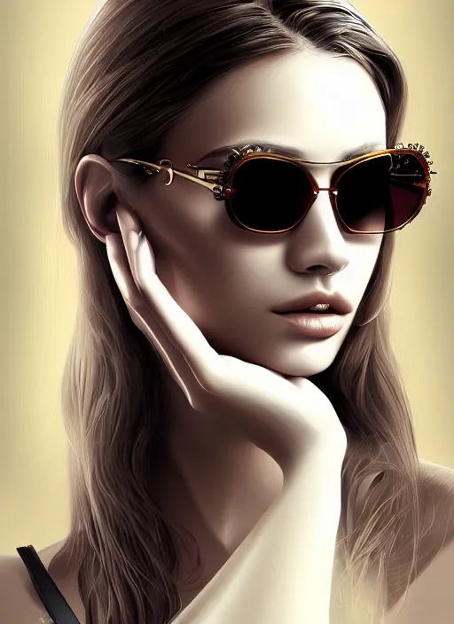 Prompt: portrait of female, wearing sunglasses, sexy, intricate, elegant, highly detailed, digital painting, artstation, concept art, smooth, sharp focus, illustration