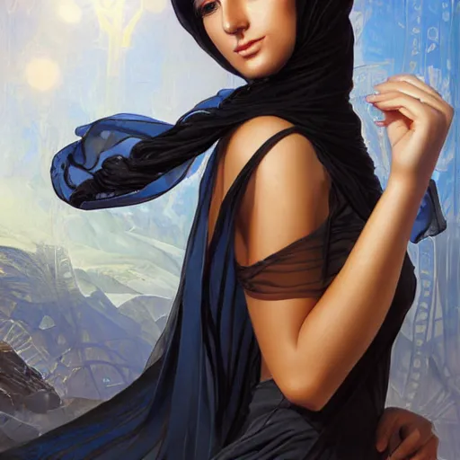 Image similar to modern tanned Ameera al-Taweel, blue eyes, wavy black hair, white veil, highly detailed, digital painting, artstation, concept art, smooth, sharp focus, illustration, ArtStation, art by artgerm and greg rutkowski and alphonse mucha and J. C. Leyendecker and Edmund Blair Leighton and Katsuhiro Otomo and Geof Darrow and Phil hale and Ashley wood and Ilya repin and Charlie Bowater