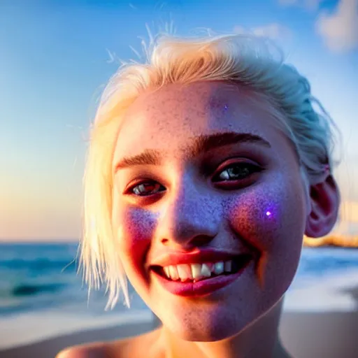 Image similar to beautiful hyperrealism hyperdetailed photograph of a cute thin young woman in love with you, smiling adoringly at the camera, platinum blonde hair, flushed face, blushing, big puffy lips, heart - shaped face, light freckles on cheeks and nose, 8 k, sharp focus, golden hour, beach setting