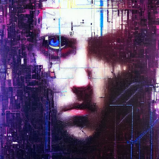 Prompt: hyperrealistic portrait of a cyberpunk man, long hair, by Guy Denning, Johannes Itten, Russ Mills, glitch art, glowing eyes, bright eyes, complex, hacking effects, glitch effects, looking straight, digital tech effects, cybernetics, detailed lines, chromatic, color blocking!, oil on canvas, highly detailed, symmetrical, octane, concept art, abstract, blue and black, 8k, cinematic, trending on artstation