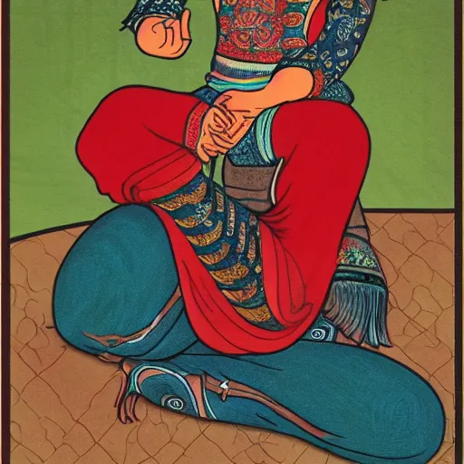 Prompt: vaquero sitting lotus position, persian folktale artstyle