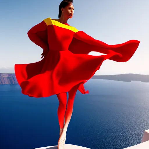 Prompt: beautiful modern dancer wearing a red and yellow and blue swirling dress, standing on a Santorini terrace looking down into the ocean, trending on Artstation, cinematic, octane render