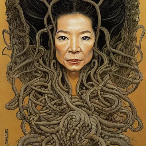 Prompt: portrait of Michelle Yeoh as Medusa from Greek mythology, with snakes for hair, Francisco Goya painting, part by Beksiński and EdvardMunch, part by Takato Yamamoto and Peter Mohrbacher, Francis Bacon masterpiece