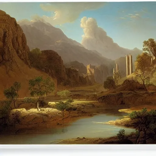 Image similar to the once mighty city of charn, desert oasis, asher brown durand