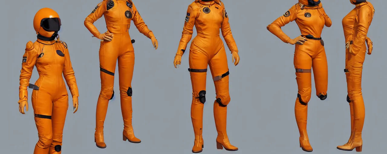 Image similar to character design, fashion reference sheet, curvy, 70's jetfighter pilot girl, optimistic, dirty yellow and orange flight suit, scuffed exoskeleton, concept art, photorealistic, hyperdetailed, 3d rendering!, rimlight , art by Frazetta,