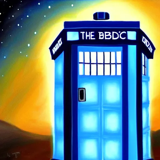 Image similar to view of modern futuristic tardis, time travel, detailed luminescent oil painting 4 k