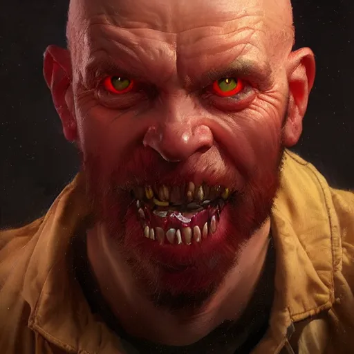 Image similar to portrait of a red bald man with black eyes and a black teeth, horror, glowing eyes, by Stanley Artgerm Lau , greg rutkowski, thomas kindkade, alphonse mucha, loish, norman rockwell. Trending on artstation detailed illustration hd 4k