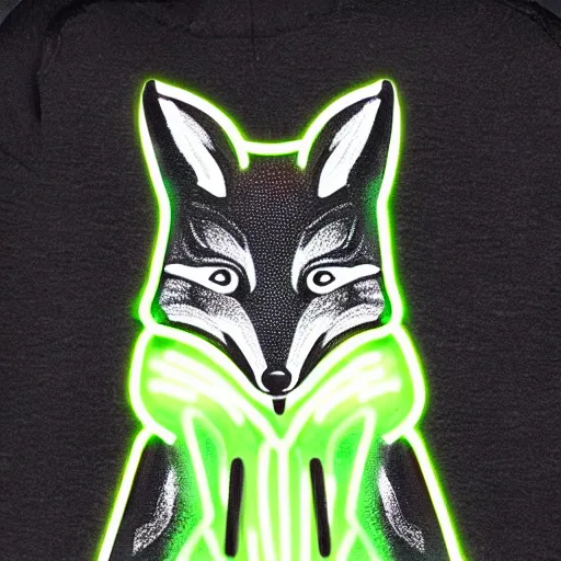 Image similar to a fox wearing a black hoodie with glowing neon stripes, in the style of anime