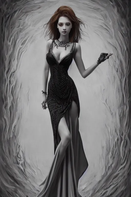 Image similar to ultra realist soft painting of a single beautiful princess in a full long curvy slim dress, thin long auburn hair, very intricate details, volumetric black and white lighting, symmetry accurate anatomy features, world of Lovecraft background, unreal render