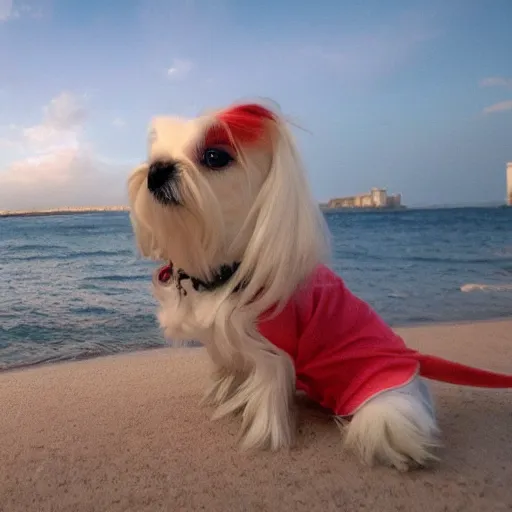 Image similar to maltese dog and calico cat on a cyberpunk beach