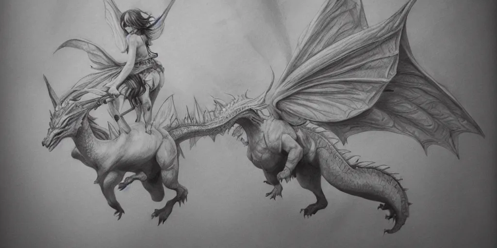 Image similar to a beautiful pencil drawing of a fairy girl riding a dragon; masterpiece; extremely highly detailed; ultra-realistic; trending on artstation