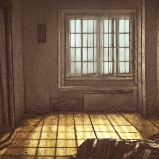 Image similar to derelict hotel room, abandoned, messy, moody atmosphere, sunlight through window blinds, dusty room, creepy, detailed sketch, artstation award