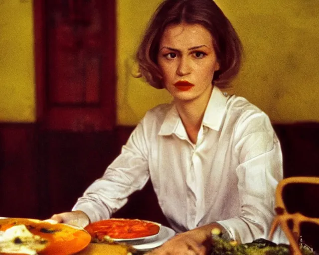 Image similar to 1 9 7 9 a soviet movie still a russian woman sitting at a table with a plate of food in dark warm light, a character portrait by nadya rusheva, featured on cg society, neo - fauvism, movie still, 8 k, fauvism, cinestill, bokeh
