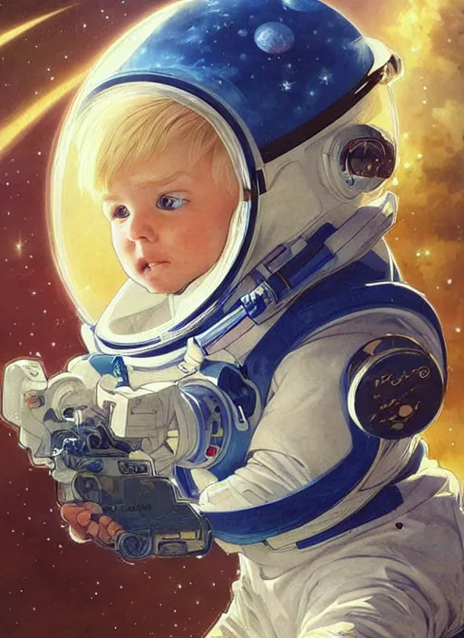Prompt: a cute little boy with short blonde hair and blue eyes as an astronait wearing a space suit in space, beautiful fantasy painting by artgerm and greg rutkowski and alphonse mucha