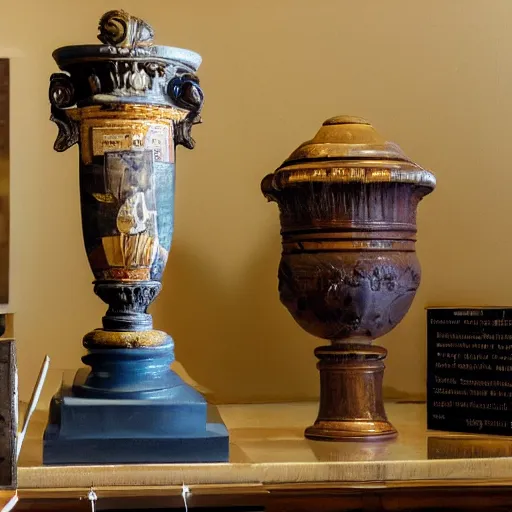 Prompt: a painting of a urn is on display alongside an inscription, famous urns urns from the city's history