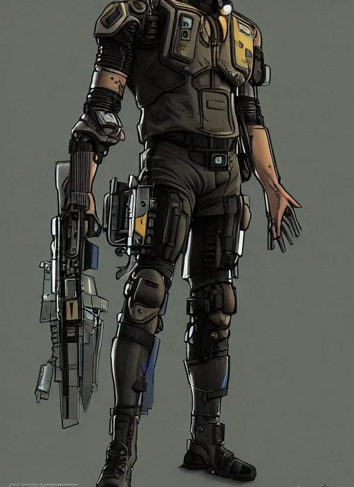 Image similar to jeff bezos as a menacing cyberpunk mercenary with robotic blade arms wearing a military vest and jumpsuit. dystopian. portrait by stonehouse and mœbius and will eisner and gil elvgren and pixar. realistic proportions. cyberpunk 2 0 7 7, apex, blade runner 2 0 4 9 concept art. cel shading. attractive face. thick lines.