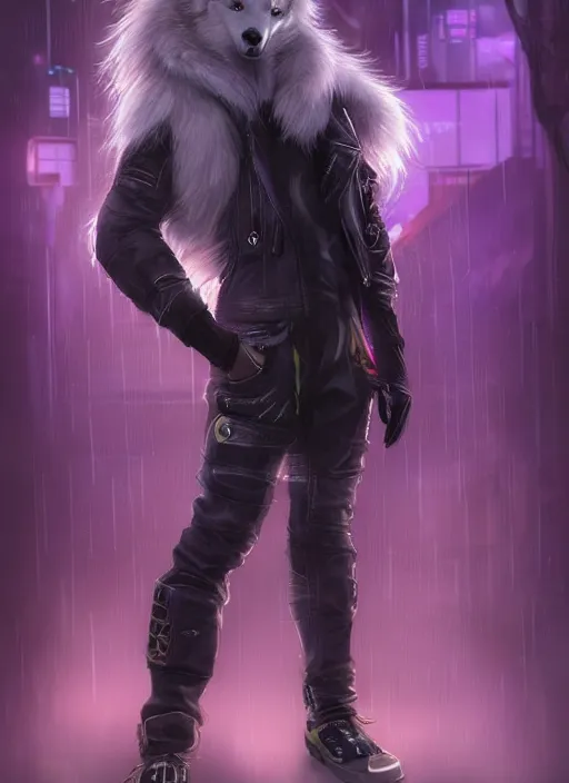 Image similar to award winning beautiful portrait commission of a male furry anthro albino wolf fursona with a tail and a cute beautiful attractive detailed furry face wearing stylish black, purple and yellow cyberpunk biker clothes riding a futuretech motorcycle in a cyberpunk city at night while it rains. Character design by charlie bowater, ross tran, artgerm, and makoto shinkai, detailed, inked, western comic book art